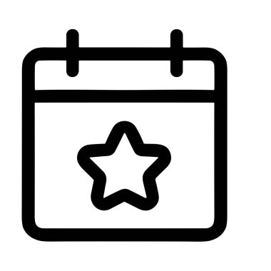 Merkezi yıldız olan bir takvimin basit siyah çizgi simgesi, önemli bir tarihi, bayramı veya özel bir olayı simgeliyor. Beyaz arkaplanda izole vektör grafiği.