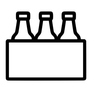 Minimalist bir siyah beyaz çizgi ikonu, altılı bira ya da sodayı temsil eden dikdörtgen bir taşıyıcıda üç şişe kapağı gösteriyor. Beyaz bir arkaplanda izole edilmiş.