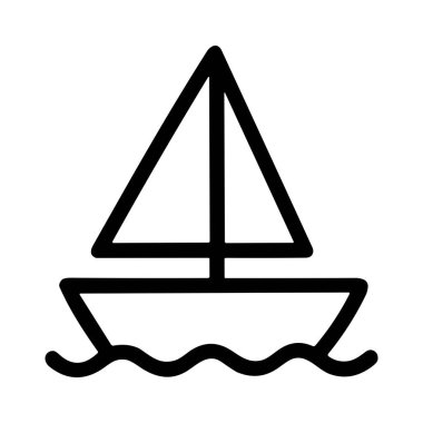 Suda yüzen bir yelkenlinin minimalist vektör grafiği. Bu basit siyah taslak simgesi, seyahat, boş zaman ve deniz taşımacılığını temsil eden beyaz bir arkaplanda izole edilmiştir..