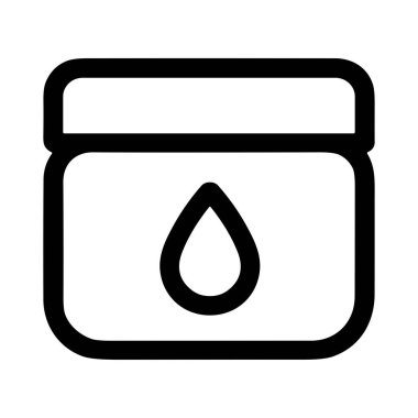 Bir minimalist vektör simgesi, merkezinde bir damla ve kapağı olan, beyaz bir zeminde izole edilmiş nem losyonunu veya sıvıyı sembolize eden bir kabı gösterir.