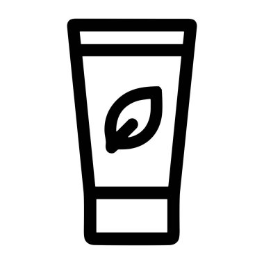 Doğal, organik ya da vejetaryen güzellik ürünlerini temsil eden bir yaprağı temsil eden kozmetik tüpün basit bir siyah taslak ikonu. Web ve mobil arayüzler için minimalist tasarım.