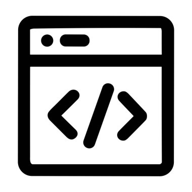 İçinde HTML veya XML kod etiketleri olan bir pencereyi gösteren basit bir siyah taslak simgesi. Yazılım mühendisliği, kodlama ve web tasarımını temsil ediyor. Beyaz bir arkaplanda izole edilmiş.