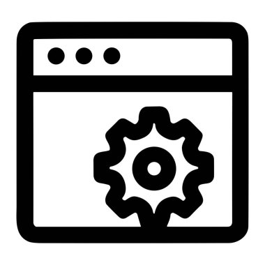 Web veya uygulama ayarlarını temsil eden basit bir satır simgesi. Yapılandırma, bakım veya arka uç seçeneklerini sembolize eden büyük bir dişli sembollü bir tarayıcı penceresi gösterir.
