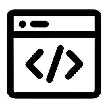 Bilgisayar uygulama penceresini kodlama parantezleriyle temsil eden basit bir vektör simgesi. Beyaz arkaplanda yazılım geliştirme, HTML, CSS veya programlama simgesi.