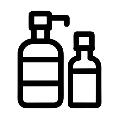 Güzellik ve hijyen ürünleri için iki kap tasvir eden basit bir siyah-beyaz vektör ikonu. Bir şişede sıvı sabun, şampuan ya da losyon için uygun beyaz bir arka planda izole edilmiş bir pompa bulunur..