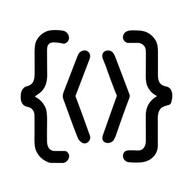 Bir kodlama sembolünün minimalist vektör grafiği. Simgede, programlama, yazılım geliştirme ve bilgisayar bilimi alanlarını temsil eden siyah kıvrımlı parantezler yer alıyor..