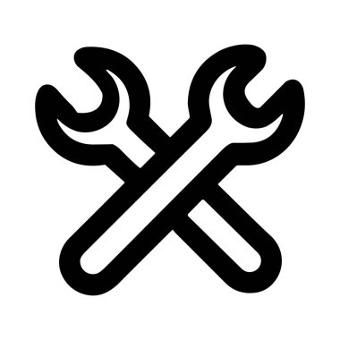 Çaprazlanmış iki anahtarı olan minimalist bir siyah beyaz simge. Bu basit çizgi sanat grafiği araçları, tamir, bakım, ayarlar veya yapılandırmayı temsil eder.