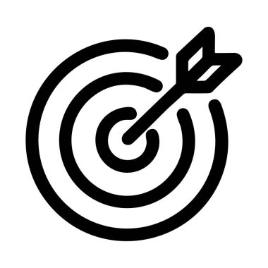 Merkezinde ok olan bir hedefin basit bir siyah beyaz çizgi simgesi. Bu grafik başarıyı, hedefleri, doğruluğu, iş amaçlarını ve başarılı stratejiyi simgeler..