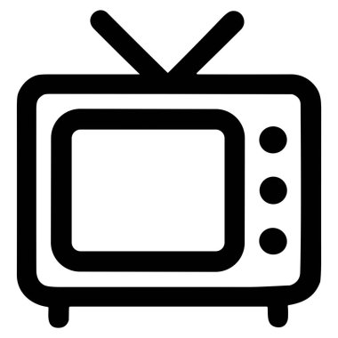 Klasik bir televizyonun basit bir siyah beyaz taslak ikonu. Bu minimalist grafik klasik bir tasarım ile eski teknolojiyi, yayını ve ev eğlencesini temsil eder..