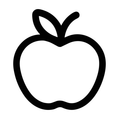 Bir minimalist siyah çizgi sanat simgesi, yaprağı ve sapı olan bir elma. Bu basit grafik besin, sağlık, beslenme ve eğitimi bembeyaz bir arkaplanda izole eder..