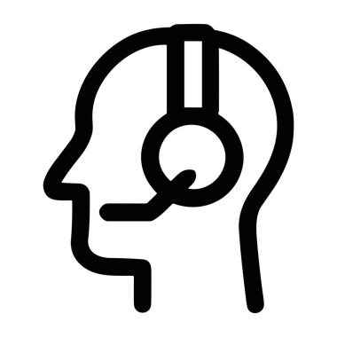 İnsan profilini gösteren minimalist bir vektör grafiği mikrofonlu bir kulaklık takıyor. Bu simge müşteri hizmetlerini, teknik desteği ve telekomünikasyonu temsil eder.