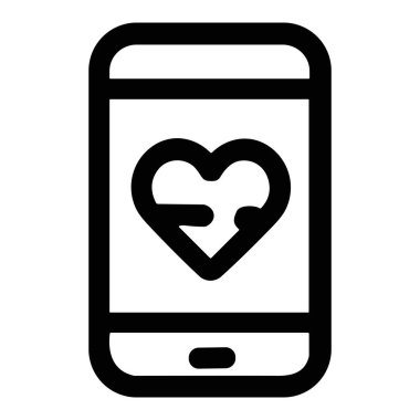 Bir cep telefonunun basit bir siyah çizgi simgesi. Ekranda bir kalp sembolü var. Dijital sağlık, online randevu, sağlık izleme veya aşk gibi kavramları temsil ediyor..