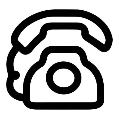 Klasik bir döner telefonu tasvir eden minimalist bir siyah ana hat ikonu. Bu basit vektör grafiği, beyaz arka plandaki klasik iletişim teknolojisini ve iletişim bilgilerini temsil eder..