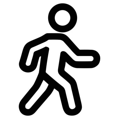Yürüyen bir insanın minimalist vektör grafiği. Bu basit resim hareketi, yayaları ve yürümeyi temsil ediyor. Kolay kullanım için beyaz bir arkaplanda izole.