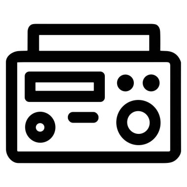Retro radyo ya da boombox tasvir eden minimalist bir siyah taslak ikonu. Tasarım beyaz bir arkaplanda izole edilmiş bir kulp, ekran, düğmeler ve bir hoparlör içerir..