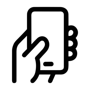 Modern bir akıllı telefonu tutan bir insan elini gösteren minimalist siyah beyaz çizgi ikonu. Vektör grafiği, mobil teknolojiyi temsil eden beyaz bir arkaplanda izole edilmiştir..