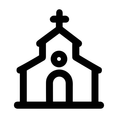 Kilise ya da şapeli temsil eden minimalist bir siyah taslak ikonu. Tasarım, üzerinde haç olan basit bir bina yapısı, kemerli bir kapı ve beyaz arka planda izole edilmiş yuvarlak bir pencere içerir..