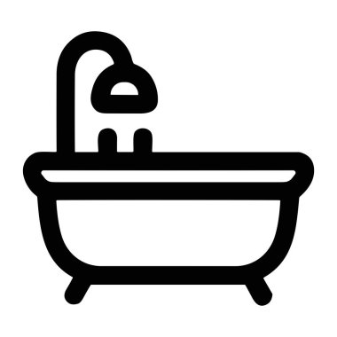 Küvet ve duşun minimalist vektör grafiği. Bu temiz ve modern ikon, beyaz arka planda izole edilmiş banyo, kişisel bakım ve banyo armatürlerini temsil ediyor..