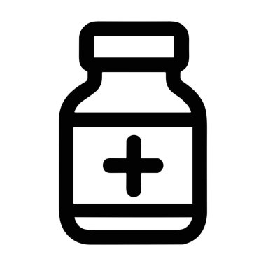 Üzerinde artı işareti olan basit bir ilaç şişesinin siyah beyaz çizgi simgesi. Bu vektör grafiği beyaz bir arkaplanda izole edilmiş ve sağlık ve tıbbi tedaviyi temsil etmektedir..