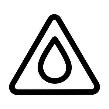 Üçgen bir çerçeve içinde su ya da yağ damlası bulunan basit bir siyah çizgi sanat ikonu. Bu vektör grafiği ağ ve mobil arayüzler için bir uyarı, sızıntı veya sıvı tehlikesini temsil eder..