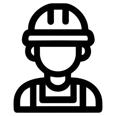 Basit bir siyah beyaz çizgili sanat simgesi. İnşaat işçisi ya da inşaat işçisi. Sıkı bir şapka ve güvenlik yeleği giyiyor. Bu minimalist vektör grafiği emek, sanayi ve güvenliği temsil eder.