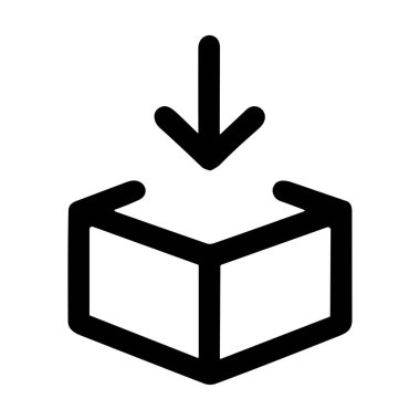 Bir minimalist vektör grafiği aşağıya doğru bir okun açık bir kübe girdiğini gösteriyor. Bu sembol beyaz bir arkaplanda indirme, kurma, paketleme veya alma ürünlerini temsil eder.