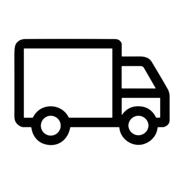 Ticari bir aracın minimalist vektör grafiği. Bu izole simge beyaz bir arkaplan üzerinde dağıtım, ulaşım, nakliye ve lojistik hizmetleri temsil etmektedir.