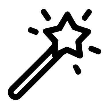 Sihirli değneğin minimalist siyah çizgi sanat simgesi. Ucunda pırıltılı beş köşeli bir yıldız var. Bu basit vektör grafiği beyaz bir arka planda izole edilmiş sihri, dilekleri, fantezileri ve büyüyü temsil eder..