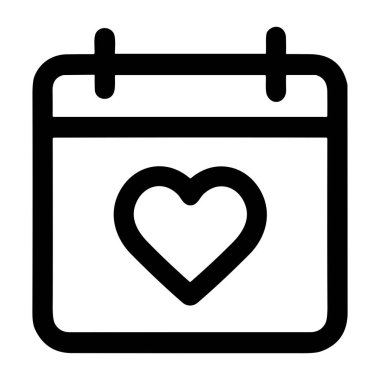 Merkezinde kalp olan bir takvimin basit siyah çizgi simgesi. Özel bir tarihi, aşkı, yıldönümünü, düğünü ya da beyaz arka planda önemli bir romantik olayı simgeliyor..