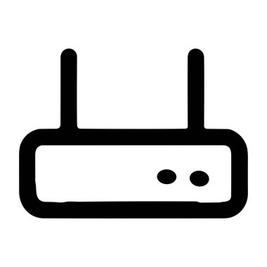 Basit bir Wi-Fi yönlendirici çizimi. Bu minimalist simge, internet ve ağ bağlantısını sembolize eden iki gösterge ışığı ve iki dikey antenli dikdörtgen tabana sahiptir..