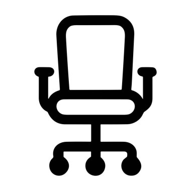 Ergonomik tekerlekli ofis sandalyesinin minimalist siyah çizgi simgesi. Bu basit vektör grafiği mobilyaları, işyeri oturma yerlerini ve iş ekipmanlarını temsil ediyor.