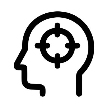 İçinde hedef sembolü olan bir insan kafası tasvir eden basit bir siyah çizgi ikonu, odak, hedef, zihniyet ve zihinsel berraklık gibi kavramları temsil eder..