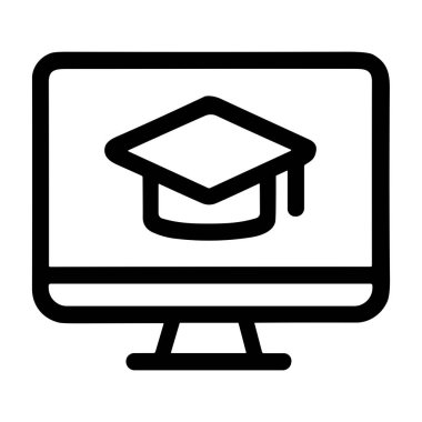 Dijital öğrenmeyi ve sanal mezuniyeti temsil eden basit bir çizgi simgesi. Masaüstü monitöründeki havan topu sembolü çevrimiçi kursları ve akademik başarıyı simgeler.