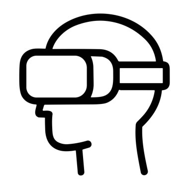 Sanal gerçeklik kulaklığı takan birinin basit bir siyah beyaz çizgi simgesi. Meta evreni, oyunu, simülasyonu ve gelecekteki teknolojiyi temsil ediyor. Beyaz bir arkaplanda izole edilmiş.