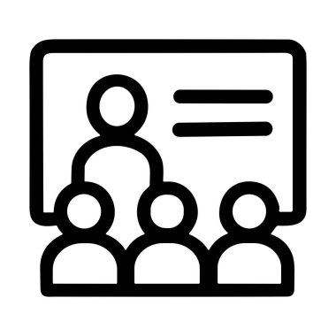 Bir sunucu ya da eğitmeni bir kurul önünde izleyiciye ya da sınıfa hitap ederken gösteren basit bir siyah beyaz vektör simgesi. Eğitim, eğitim, seminerler ve toplantılar için sembol.
