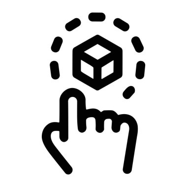 Sanal 3D küpü seçen ya da onunla etkileşime geçen bir el imleci simgesi, artırılmış gerçeklik, VR ve 3D modelleme teknolojisini sembolize eden basit bir çizgi sanatı simgesi.