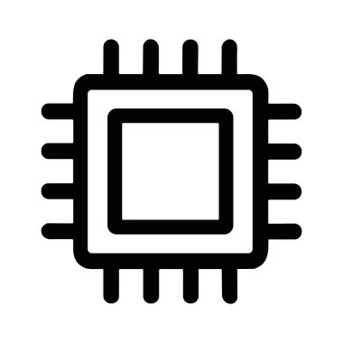 Bir bilgisayar mikro işlemcisi ya da işlemci tasvir eden basit bir siyah beyaz çizgi resim ikonu. Bu vektör grafik teknoloji, elektronik ve dijital işlemeyi sembolize eder..