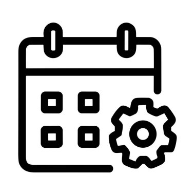 Zamanlama yönetimi, olay planlama, zaman yapılandırması ve iş akışı otomasyonunu temsil eden bir takvimin basit bir siyah çizgi simgesi. İzole vektör grafiği.