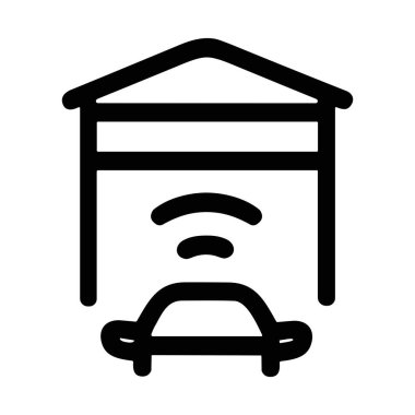 Minimalist çizgi ikonu, akıllı bir garajı temsil ediyor, arabası ve kablosuz sinyali, ev otomasyonunu, IOT 'yi ve otonom araç teknolojisini sembolize ediyor..
