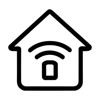 İçinde kablosuz sinyal olan bir evin basit bir siyah çizgi resim simgesi, akıllı ev teknolojisini, ev otomasyonunu ve internet bağlantısını temsil ediyor. Beyaz bir arkaplanda izole edilmiş.