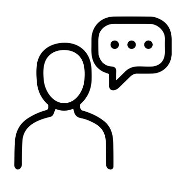 Bir insan figürü ve sohbet kutusunun vektör çizimi. Bu simge kullanıcı arayüzü tasarımı için mükemmeldir, yorumları, geri bildirimleri veya iletişim kurmayı temsil eder.