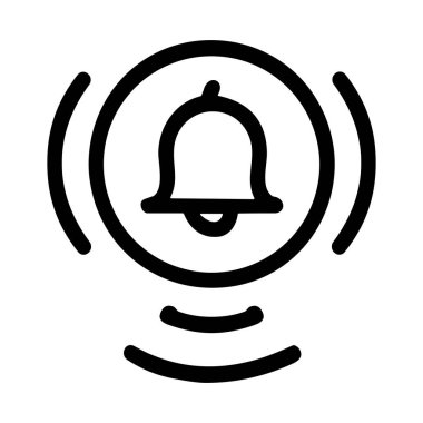 Çalan bir çanın minimalist siyah ana hatları simgesi. Alarmı, uyarıyı ya da hatırlatıcıyı simgeliyor. Bu vektör grafiği kullanıcı arayüzü tasarımı, uygulamaları ve web siteleri için mükemmeldir.