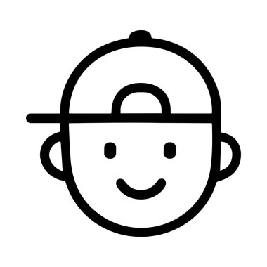 Minimalist bir siyah-beyaz vektör ikonu mutlu bir çocuğun yüzünü tasvir ediyor. Çocuğun dostane bir gülümsemesi var ve yan ya da ters bir şapka takıyor. Beyaz bir arkaplanda izole edilmiş.