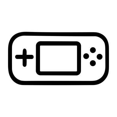 Taşınabilir oyun aletinin minimalist siyah taslak simgesi. Tasarım D-pad, eylem düğmeleri, ve merkezi ekran içerir, hepsi yuvarlak dikdörtgen şeklinde çevrili.