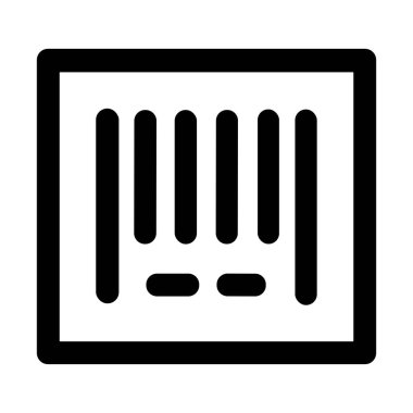 A minimalist black and white line art icon of a barcode within a square frame. This symbol represents product codes, retail scanning, inventory tracking, and digital identification systems.