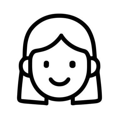 Mutlu bir genç kadın ya da kızı tasvir eden minimalist bir siyah taslak ikonu. Bu basit grafik avatarı, beyaz arka planda gülümseyen bir yüz ve temel saç stiline sahiptir..