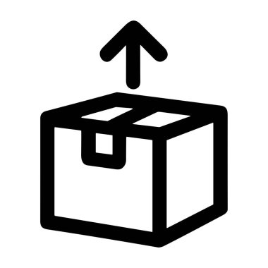 Yukarı doğru oklu bir paketin basit grafiği. Bu simge lojistik, dağıtım hizmetleri, mal ihraç etme veya dosya yüklemeyi temsil eder. Temiz ve modern tasarım.