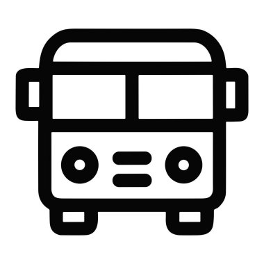 Ön perspektiften bir otobüsü tasvir eden basit bir siyah beyaz çizgi simgesi. Bu minimalist vektör grafiği ulaşım, seyahat veya toplu taşıma temaları için mükemmeldir.