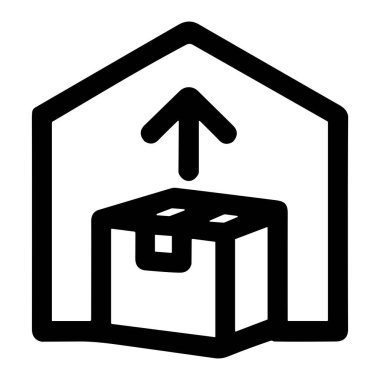 Minimalist bir siyah-beyaz vektör ikonu, ambarın içinde yukarı doğru ok olan bir karton kutu tasvir ediyor, nakliyeyi, lojistiği ve yerine getirmeyi simgeliyor..