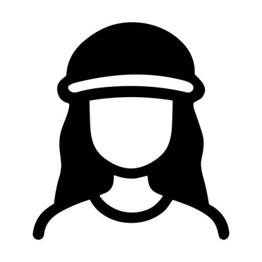 Bir kişinin kafa ve omuzlarının basit bir siyah ve beyaz vektör çizimi. Bu yüzsüz avatar uzun dalgalı saçlar ve bir kullanıcı profili simgesi için uygun bir saç bandı içerir.